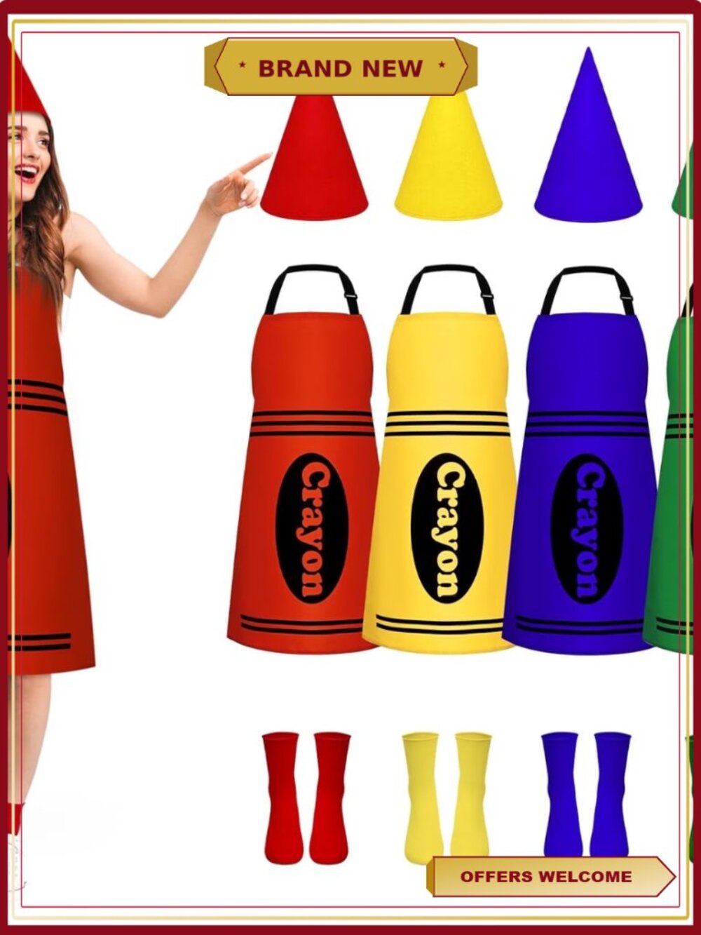 Crayon Apron Set with Gnome Cone Hats Costume 4 Set Adult Fancy Dress